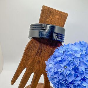 Vintage Black Acrylic Geometric Carved Bangle Bracelet 2.75"